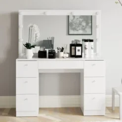 Boahaus Freya White 7-drawer Vanity Dressing Table With Lighted Mirror - White-Gold Knobs -Bed Frame Shop 9ca2e386 31d6 44fa a1a0 eda7182d414e