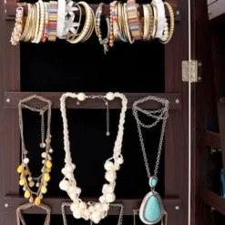 Wall Door Mounted Jewelry Storage Mirror Cabinet With LED Lights - White -Bed Frame Shop 9cb1a568 760b 4100 8ede afbf0b2ea284