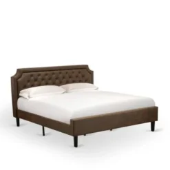 2Pc Bed Set - Dark Brown Faux Leather Upholstered Bed With Black Legs - An Antique Walnut Modern Night Stand (Bed Size Option) - GB25K-1HI08 -Bed Frame Shop 9dbea4bd 0871 4595 9931 504fab887877