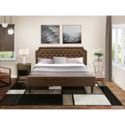 2-Piece Granbury Bed Set - Dark Brown Faux Leather Bed With Black Legs - Distressed Jacobean End Table (Bed Size Option) - GB25K-1GA07