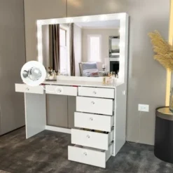 Boahaus Dressing Table, Light Bulbs, White, Mirror, 07 Drawers - White-Crystal Ball Knobs -Bed Frame Shop a66184b7 6463 48ab 9eba 174a60ae5b63