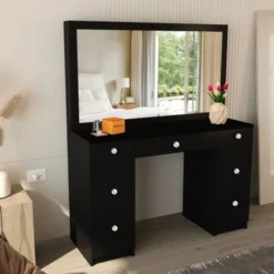 Boahaus Artemisia Modern Vanity, Black, Wide Mirror, 07 Drawers - Black-Crystal Knobs -Bed Frame Shop a751194b 8168 4e79 8480 6d4d85f52e67