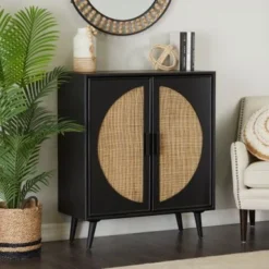 Black Wood Geometric Cane Front 1 Shelf And 2 Doors Geometric Cabinet - 16 X 36 X 43 - 16 X 36 X 43 - Wood - Black