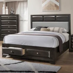 Wooden Storage Bed In Dark Grey Fininsh - Queen
