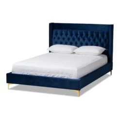 Baxton Studio Contemporary Velvet Upholstered Tufted Glam Platform Bed - Blue - King