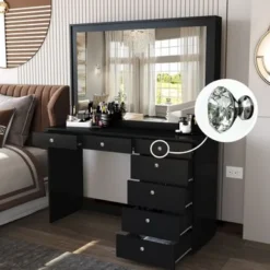 Boahaus Joan Modern Vanity Table, Black, Wide Mirror, 07 Drawers - Black-Crystal Knobs -Bed Frame Shop ad74a66d e9d2 4040 a651 c5be745fdcfd