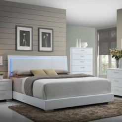Strick & Bolton Nash Glossy White Panel Bed With LED Lights - California King
