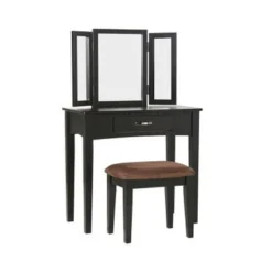 Wood And Mirror Vanity Set With Stool - Black