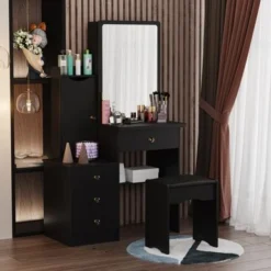 Makeup Vanity Set With Mirror And Stool - Black -Bed Frame Shop afa14a9f 0332 4012 acd9 8a1874e13b8e
