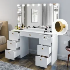 Boahaus Freya White 7-drawer Vanity Dressing Table With Lighted Mirror - White-Gold Knobs -Bed Frame Shop afaeae05 a89a 49ff 9623 8b4ca0b2e6bb