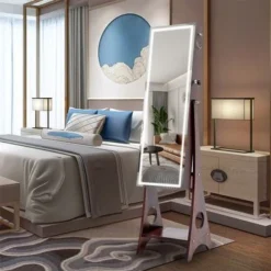 Merax Jewelry Cabinet Armoire Lockable Standing Storage With LED Lights - White -Bed Frame Shop b27a7726 90b4 4d80 8e74 4b0bec6fa657