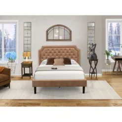 2-Piece Furniture Set With Frame - Distresses Jacobean Night Stand - Brown Faux Leather And Black Legs(Bed Size Options) - GB28F-1DE07