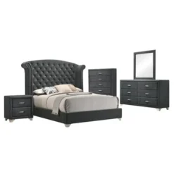 Upholstered Eastern King Bedroom Set In Grey And Chrome - 4 Piece -Bed Frame Shop b3887b82 1016 4946 b3bc f36897a1a0a3