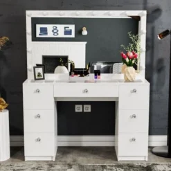 Boahaus Yara Lighted Vanity With Glass Top (White) - White-Crystal Knobs -Bed Frame Shop b48bb301 e25f 4619 9cfd 4c6c6892528e