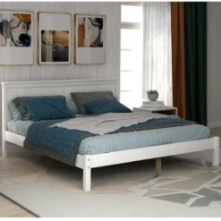 Nestfair Wooden Platform Bed With Headboard And Wood Slat Support - White - Full