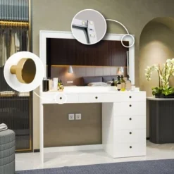 Boahaus Selene Dressing Table With LED Lights (White) - White-Gold Knobs -Bed Frame Shop b6af0666 72c3 4d3b 8b29 5674cfe0a9d5
