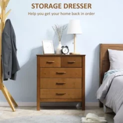 HOMCOM Wooden Dresser Storage Chest Organizer With 5 Drawers And Bamboo Frame, Brown - Brown - 5-drawer -Bed Frame Shop b6dbf103 bca4 4c27 820c c33020bbb654