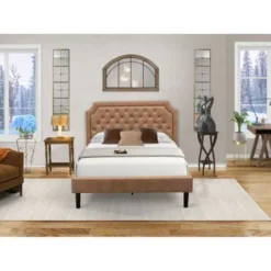 2PC Bedroom Set - Dark Brown Faux Leather Upholstered Bed With Black Legs- An Antique Walnut Night Stand (Bed Size Option) - GB28F-1BF08