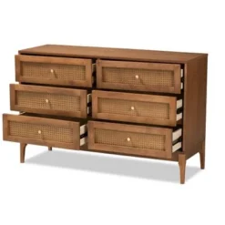 Baxton Studio Ramiel Mid-Century Modern Ash Walnut Finished Wood And Rattan 6-Drawer Dresser - Natural Brown, Gold -Bed Frame Shop b9e0f658 b10b 4ce7 94cc a2e9d8e7f19a