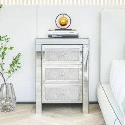 Mirrored Night Stand Bedside Tables With 3-Drawers-Bedside Storage Cabinet - Silver