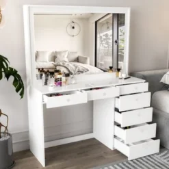 Boahaus Modern Vanity Table, White, 7 Drawers, Wide Mirror - White- Crystal Ball Knobs -Bed Frame Shop bb3a023f 1640 4f37 a5a6 d9edaf7d3d61