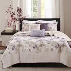 Taupe Luna 6 Piece Printed Quilt Set With Throw Pillows Full/Queen