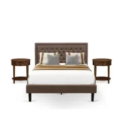 3 Pc Bedroom Set - Platform Bed Frame With Brown Linen Fabric - Button Tufted Headboard- 2 Nightstand (Bed Size Options) - KD18K-2HI08 -Bed Frame Shop bc251030 9749 4968 9ac2 6d57e5398fda