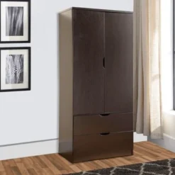 Porch & Den Gramercy Spacious Brown Two Door Wardrobe W/ Hanging Clothing Storage - Brown -Bed Frame Shop bc2b7ff7 2641 4adb a102 2f2971840321