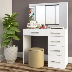 Boahaus Matilda Modern Vanity Table, White, 5 Drawers - White