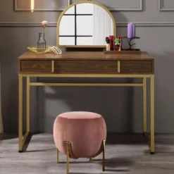 2 Drawers Vanity Desk With Mirror In Walnut And Gold - Walnut And Gold -Bed Frame Shop bcfa491f ce12 42be 8b8a e1d03615dc8f