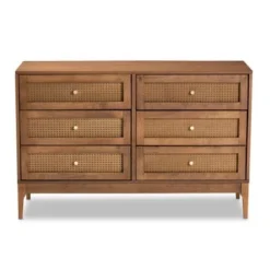 Baxton Studio Ramiel Mid-Century Modern Ash Walnut Finished Wood And Rattan 6-Drawer Dresser - Natural Brown, Gold -Bed Frame Shop bd7d90aa b441 40c4 b51f 34fc288594ce