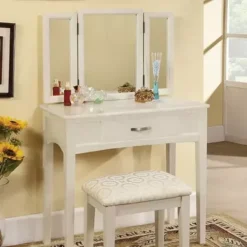 Transitional White Vanity Table W/ Stool