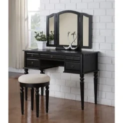 Vanity Set With Tri-Fold Mirror - Black