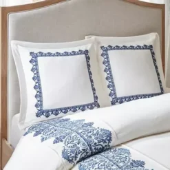 Off White/Blue Indigo Sky Faux Linen Oversized Comforter 8 Piece Set Queen -Bed Frame Shop bf12440e febf 474b 9961 819e8ba973c8