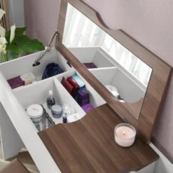 Kathy Contemporary White Lift-up 2-Piece Vanity Table And Stool Set By Porch & Den - White/Walnut -Bed Frame Shop c0320046 e755 4f80 9985 8f953972ac81