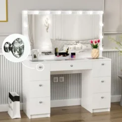 Boahaus Yara Lighted Vanity With Glass Top (White) - White-Crystal Knobs -Bed Frame Shop c1e578cc 8d9f 4198 8448 9d9f657b7c04