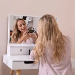 White Wooden Mirror Vanity Desk Makeup Table - 31.5 X 19.7 X 34.3 - White -Bed Frame Shop c21297f8 1d4d 4323 9da1 1e4425dea68a