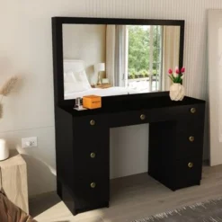 Boahaus Artemisia Modern Vanity, Black, Wide Mirror, 07 Drawers - Black-Gold Knobs