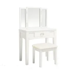 Wood And Mirror Vanity Set With Stool - White