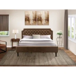 2Pc Bed Set - Dark Brown Faux Leather Upholstered Bed With Black Legs - An Antique Walnut Modern Night Stand (Bed Size Option) - GB25K-1HI08