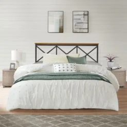 Hillsdale Furniture Ashford Triple X Design Metal Headboard With Frame, Black With Oak Finished Wood - Black W/ Brown Trim - Queen