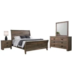Wooden Eastern King Bedroom Set In Weathered Oak - 4 Piece