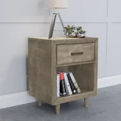 Abbyson Retro Mid Century Wood Nightstand With USB Ports - Grey