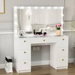 Boahaus Yara Lighted Vanity With Glass Top (White) - White-Crystal Knobs -Bed Frame Shop ced3f150 8c53 4952 8c4e 0f09d4a0c67f