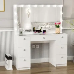 Boahaus Yara Lighted Vanity With Glass Top (White) - White-Crystal Knobs -Bed Frame Shop cf25c498 01b2 4ead 87ea 490ebdfb0bf7