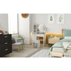 Home Makeup Dressing Table With Stool Vanity Set With Mirror & Lamp - White