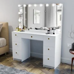 Boahaus Freya White 7-drawer Vanity Dressing Table With Lighted Mirror - White-Gold Knobs