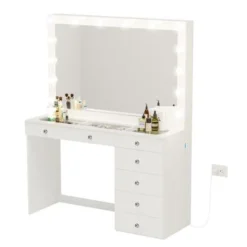 Boahaus Serena Lighted Vanity With Glass Top (White) - White-Crystal Knobs -Bed Frame Shop d30251ac 4fe4 430b a8c1 be91965b770e