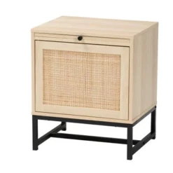 Baxton Studio Caterina Mid-Century Modern Natural Brown Finished Wood And Natural Rattan End Table With Pull-Out Shelf - Natural Brown, Black