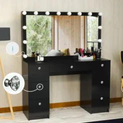 Boahaus Freya Vanity With Light Bulbs, 7 Drawers, Mirror, Black - Black-Crystal Ball Knobs -Bed Frame Shop d5be48e7 b862 48d4 9ea6 6c3fcc5d4853